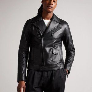 NWT Ted Baker London Mens Ovine Leather Biker Jacket Black Sz 5 Large $1095 C846